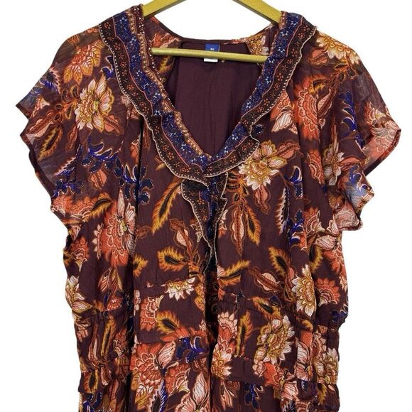 Old Navy Short Sleeve Floral Tiered Midi Dress 3X Red Blue Empire Waist Chiffon - Picture 4 of 11